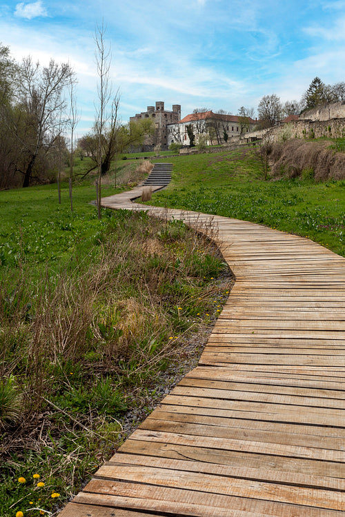 Wooden sidewalk at the Castle of Sárospatak