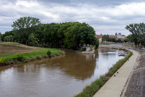 Raba river with the Rado island in Gyor