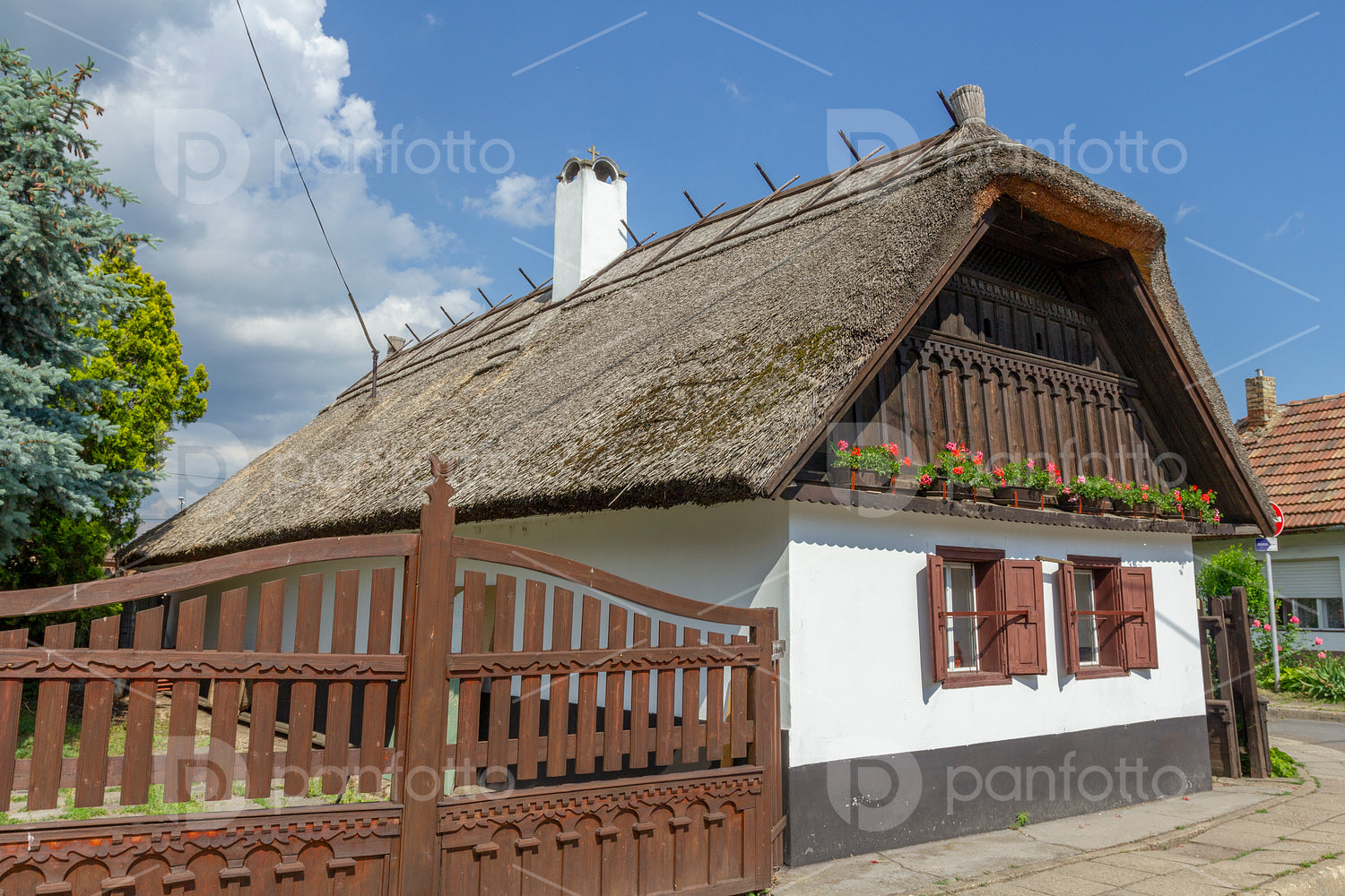 Traditional Matyo houses in Mezokovesd, Hungary.