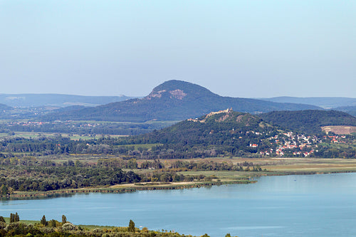 Lake Balaton with the witness hills in the background, Hungary.
