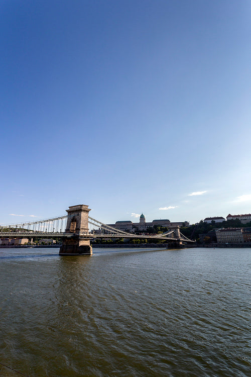 The famous Chain bridge in Budapest on a sunny afternoon.