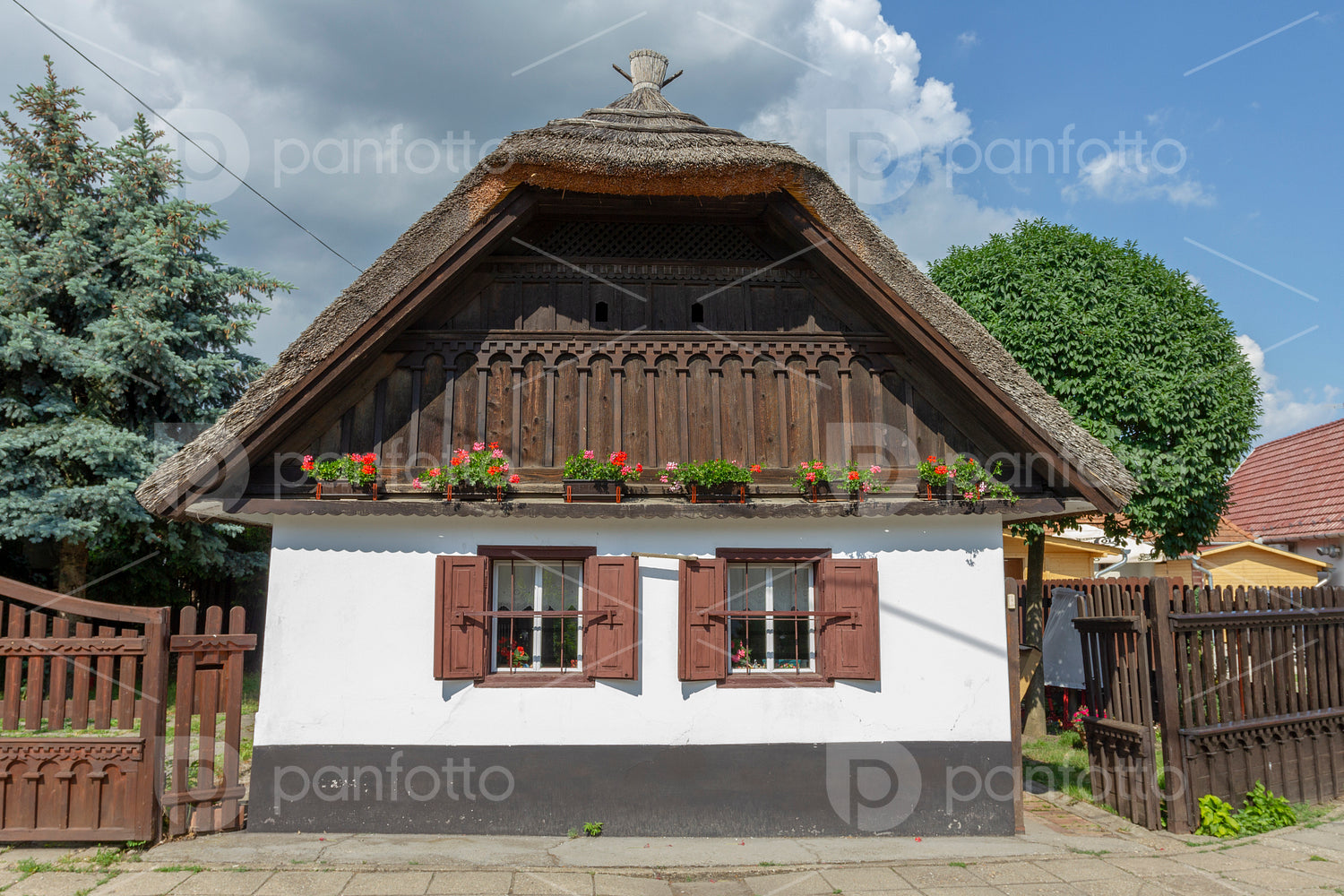 Traditional Matyo houses in Mezokovesd, Hungary.