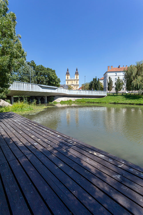 Park in Kalocsa with the St. Mary Cathedral in the background