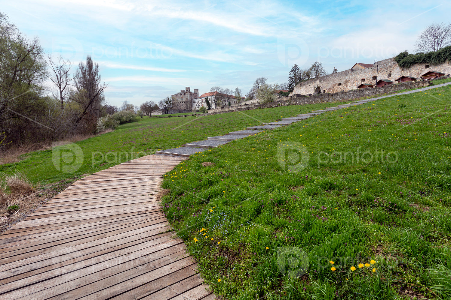 Wooden sidewalk at the Castle of Sárospatak