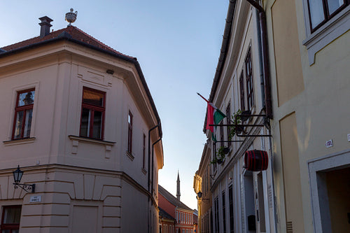 Empty street in Eger, Hungary on a spring evening.