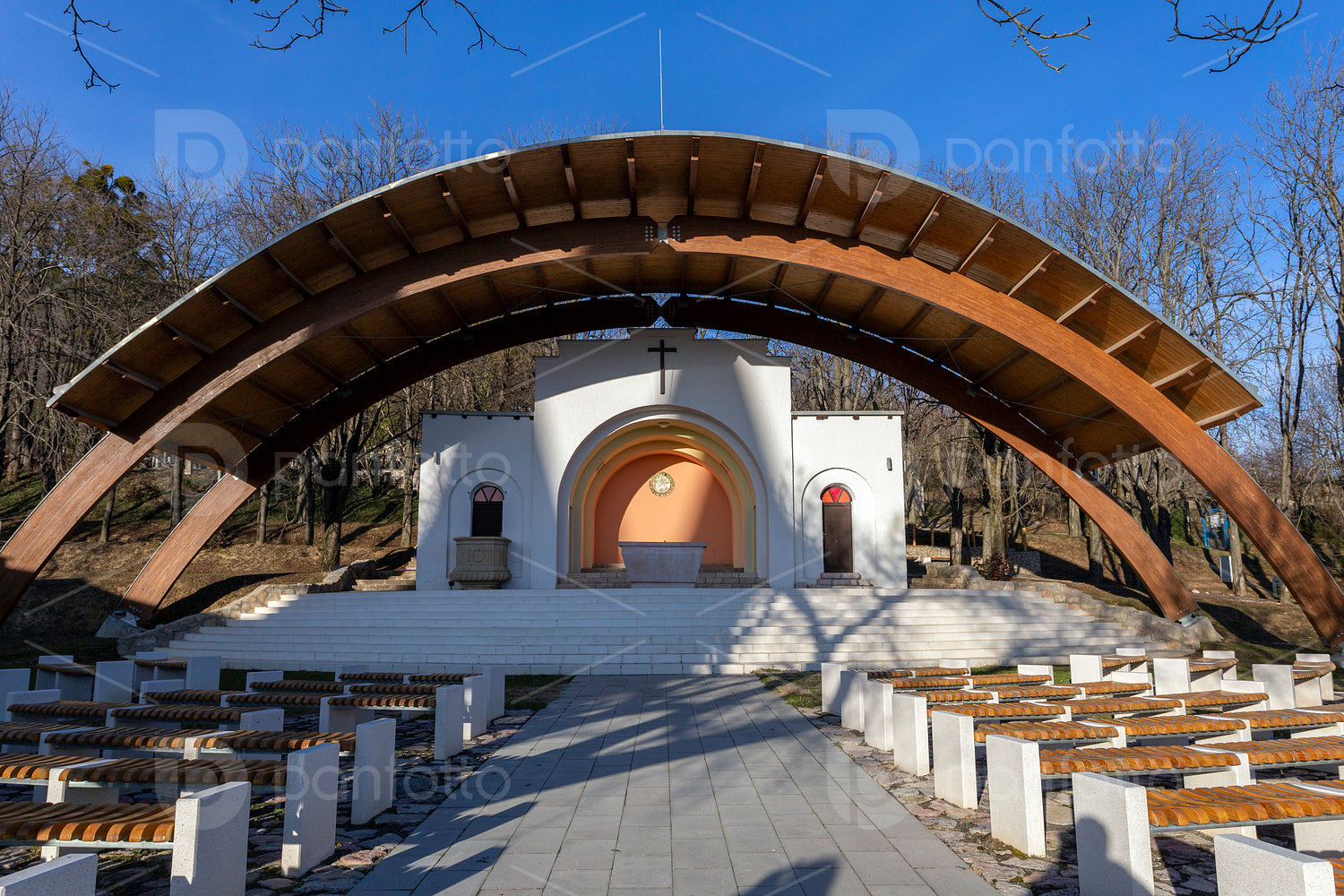 Outdoor altar of the Basilica of Mariagyud in Hungary on a sunny