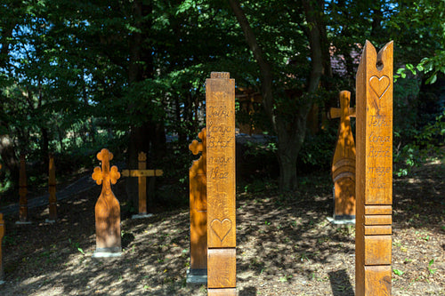 The garden of wooden grave posts