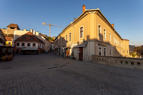 Empty street in Eger, Hungary on a spring evening.