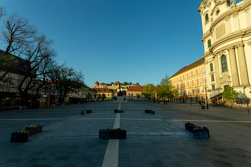 Dobo square in Eger, Hungary on a spring evening