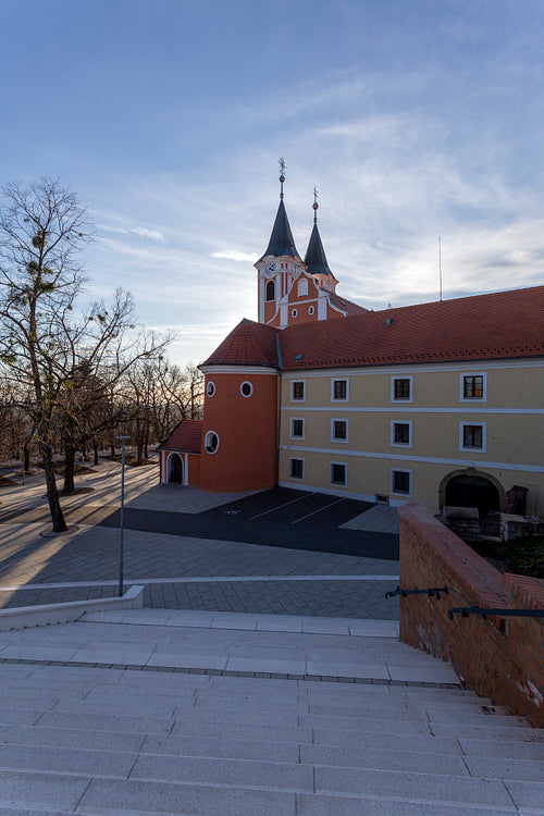 Facade of the Basilica of Mariagyud in Hungary on a sunny winter