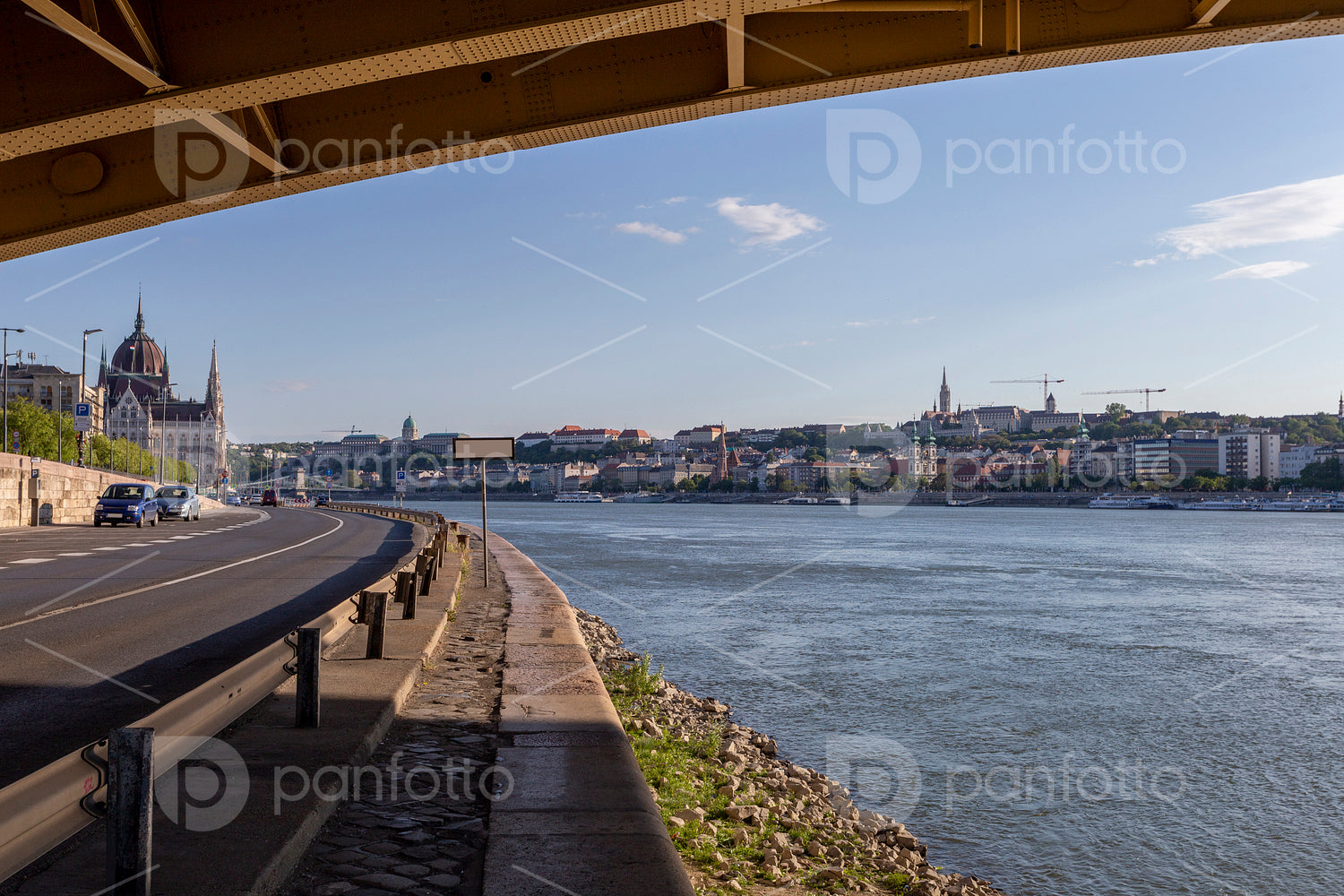 View of Budapest from under the Margaret Bridge on a sunny after