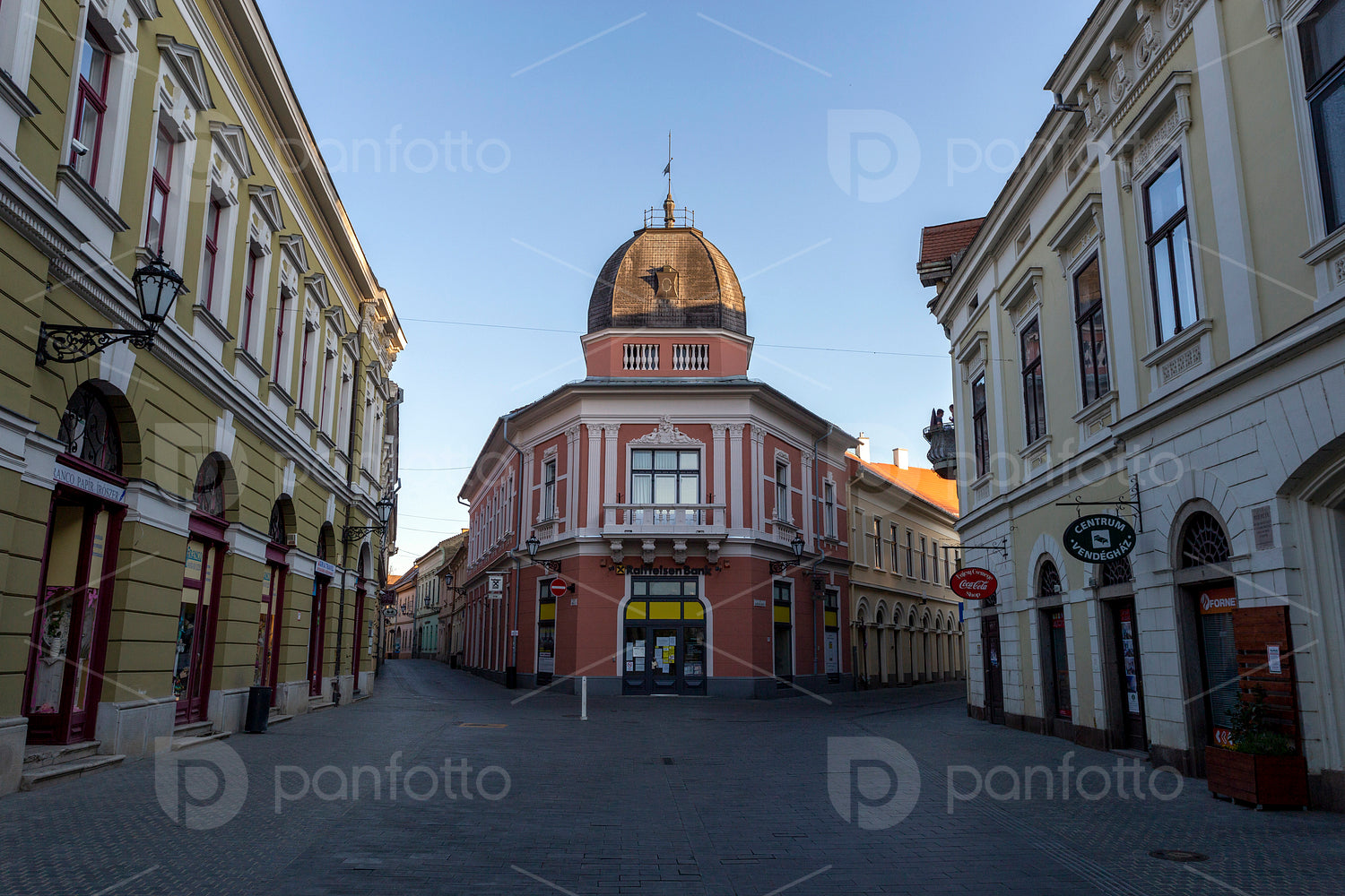 Empty street in Eger, Hungary on a spring evening.