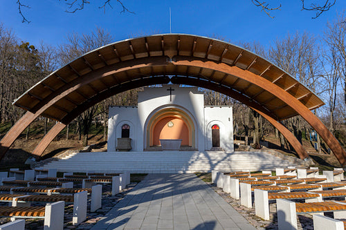 Outdoor altar of the Basilica of Mariagyud in Hungary on a sunny