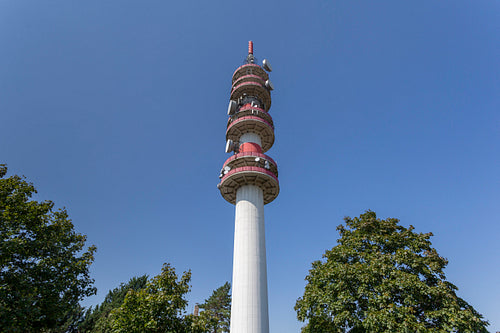 Close up shot of a telecommunication tower in Győr