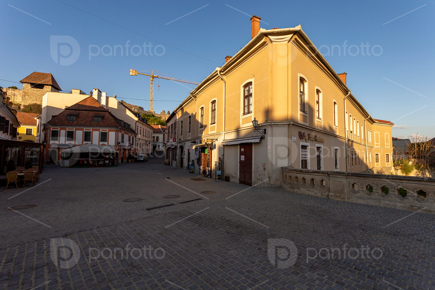 Empty street in Eger, Hungary on a spring evening.