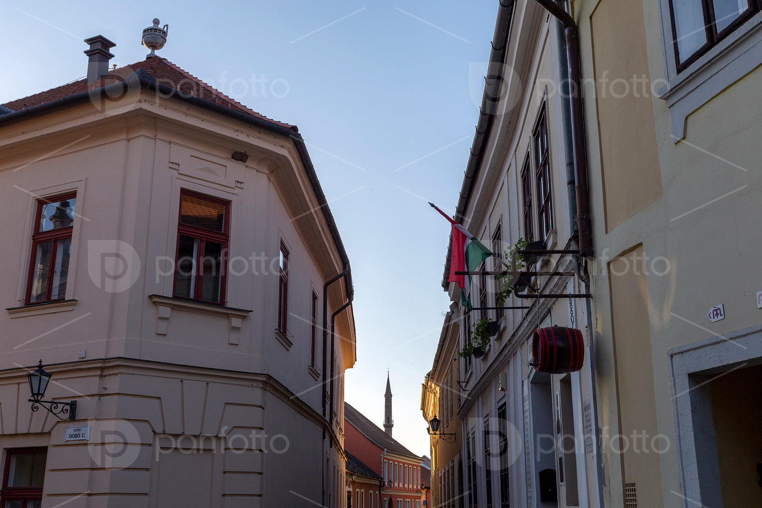 Empty street in Eger, Hungary on a spring evening.