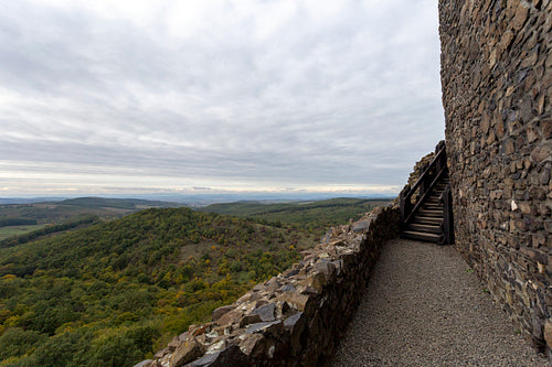 Hollókő castle on a cloudy autumn day