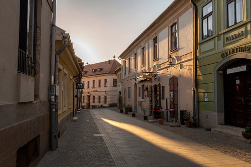 Empty street in Eger, Hungary on a spring evening.