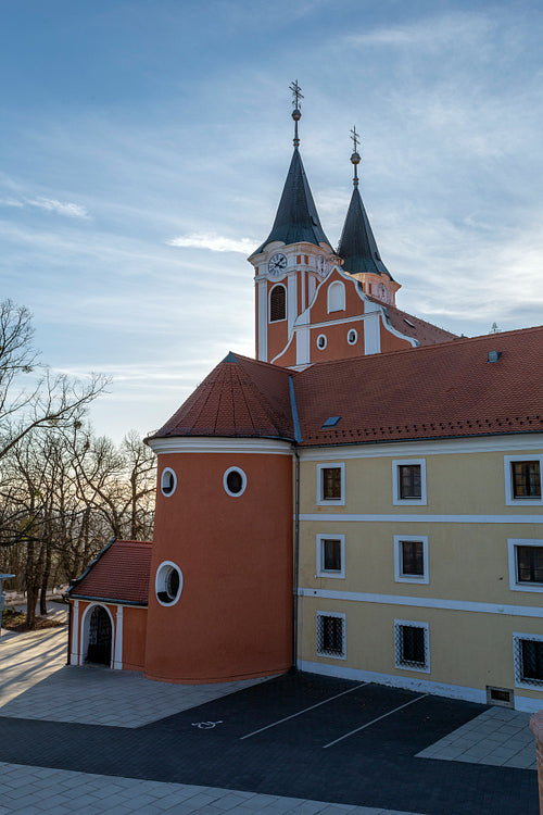 Facade of the Basilica of Mariagyud in Hungary on a sunny winter