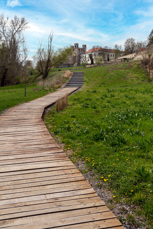 Wooden sidewalk at the Castle of Sárospatak