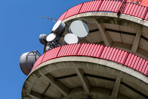 Close up shot of a telecommunication tower in Győr