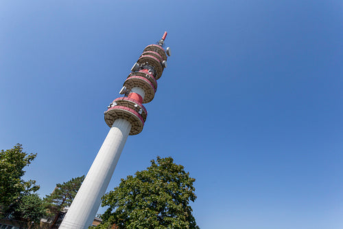 Close up shot of a telecommunication tower in Győr