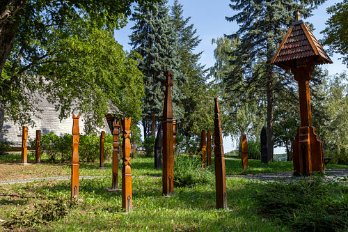 The garden of wooden grave posts