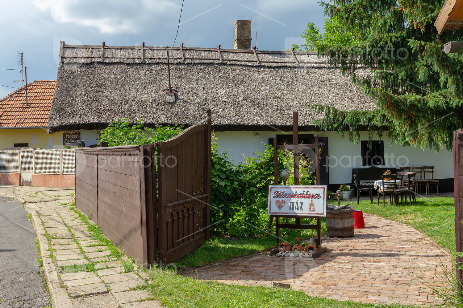 Traditional Matyo houses in Mezokovesd, Hungary.