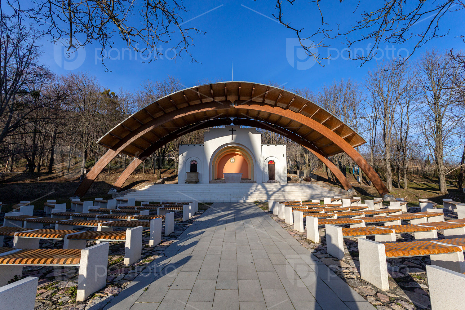 Outdoor altar of the Basilica of Mariagyud in Hungary on a sunny