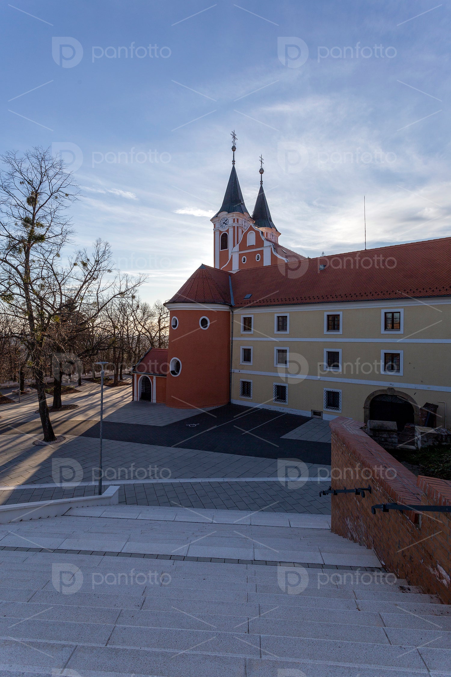 Facade of the Basilica of Mariagyud in Hungary on a sunny winter