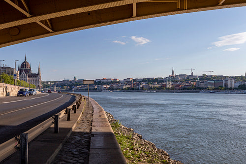 View of Budapest from under the Margaret Bridge on a sunny after