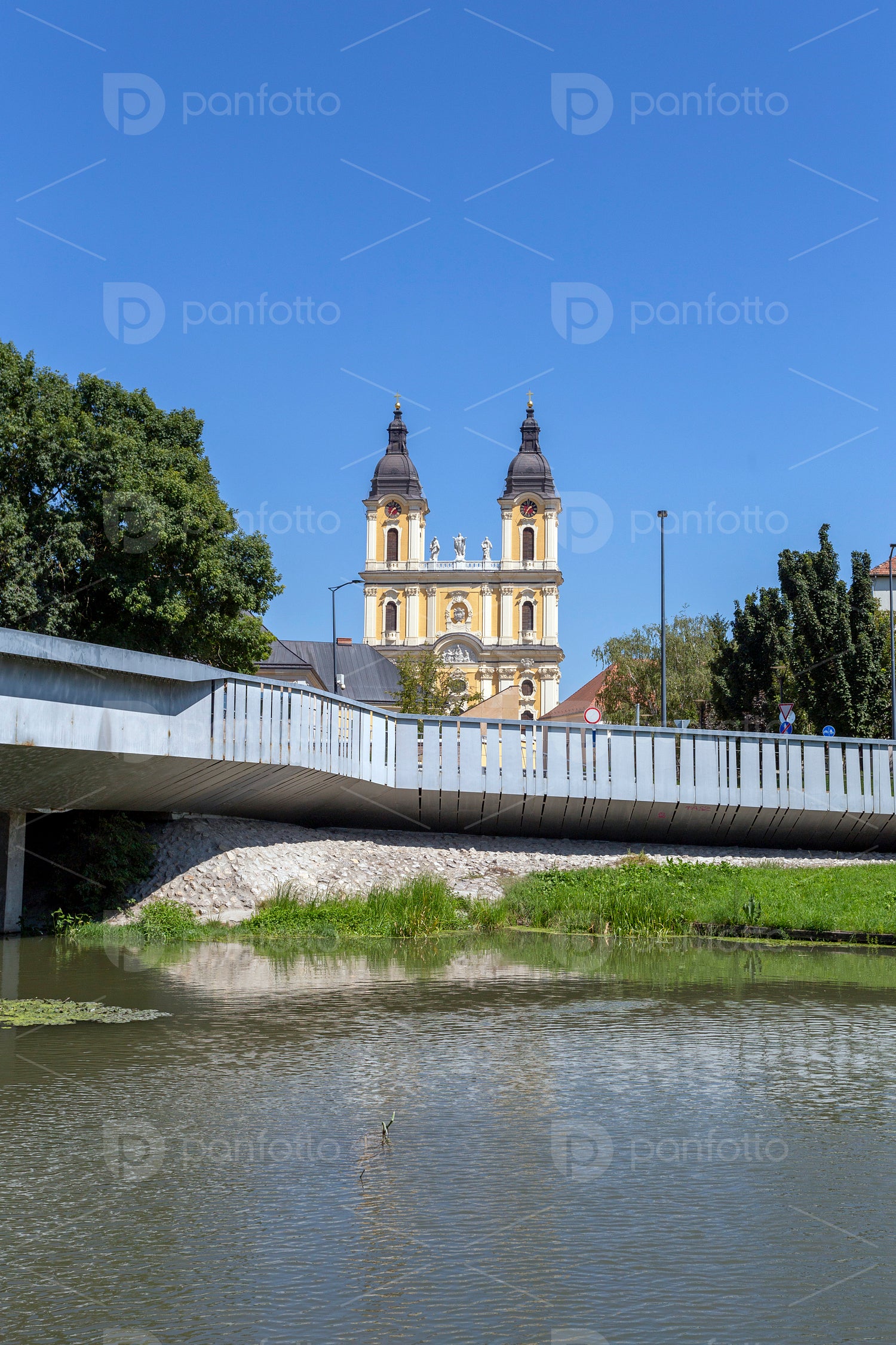 Park in Kalocsa with the St. Mary Cathedral in the background