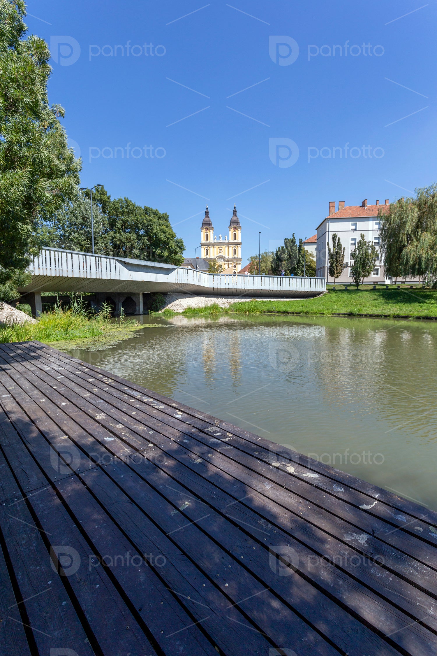 Park in Kalocsa with the St. Mary Cathedral in the background