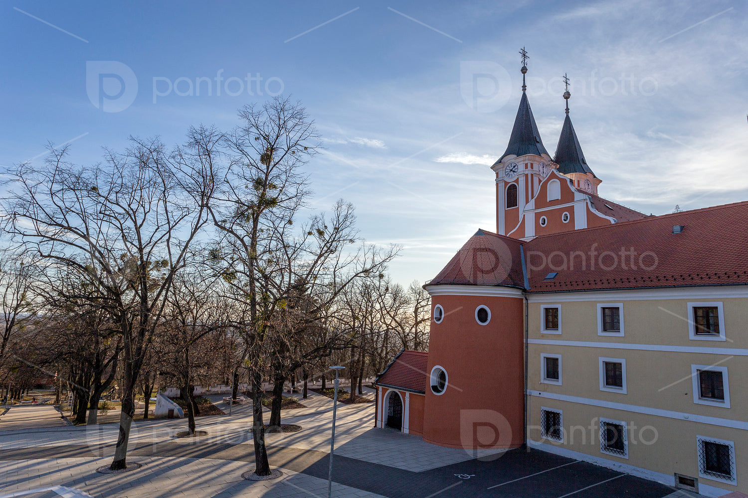 Facade of the Basilica of Mariagyud in Hungary on a sunny winter
