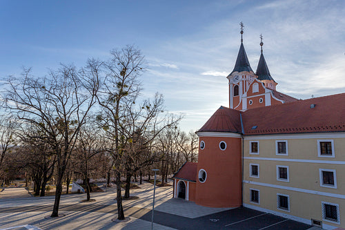 Facade of the Basilica of Mariagyud in Hungary on a sunny winter