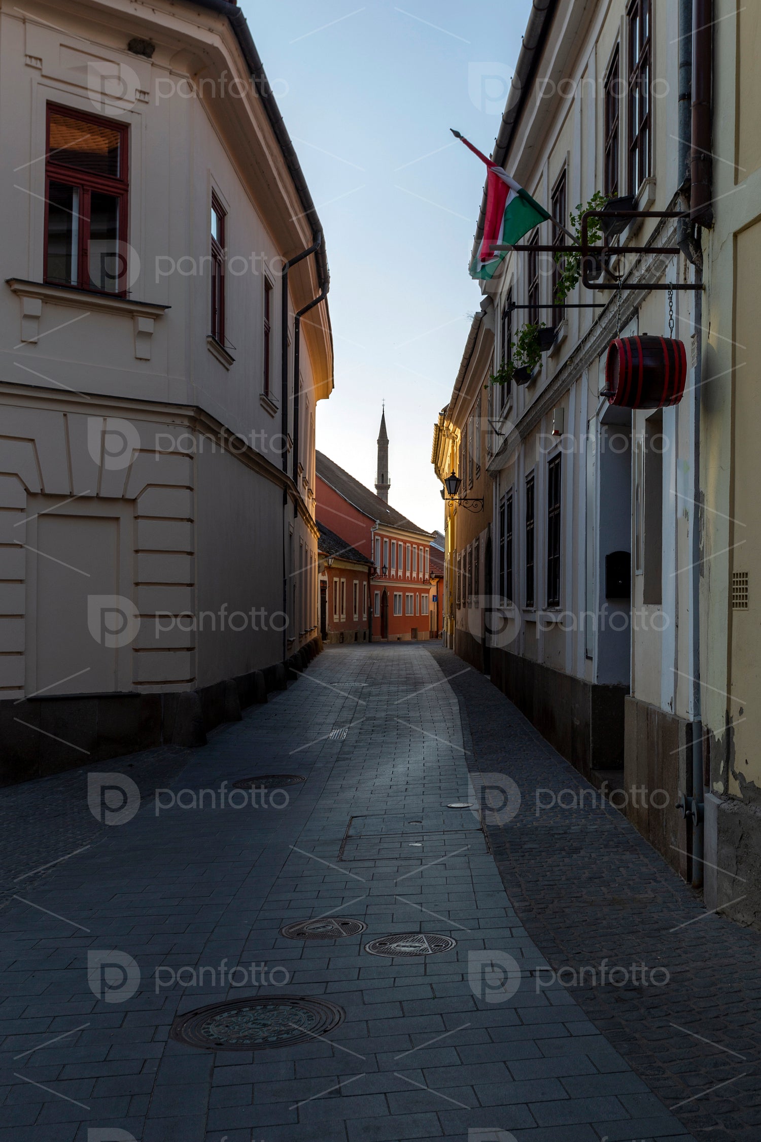 Empty street in Eger, Hungary on a spring evening.