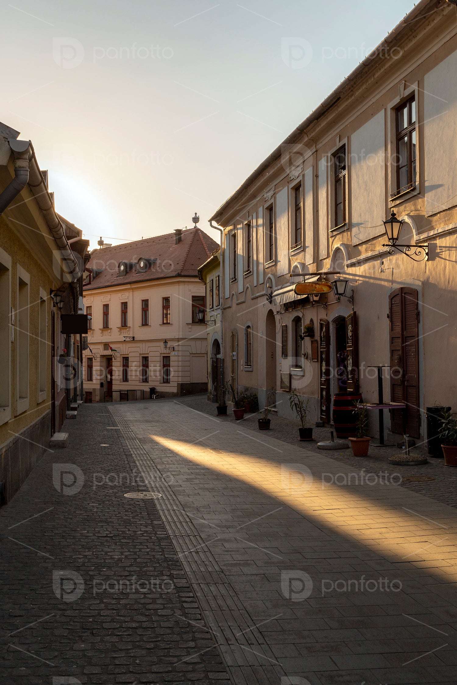 Empty street in Eger, Hungary on a spring evening.