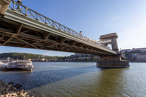 The famous Chain bridge in Budapest on a sunny afternoon.