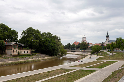 Raba river with the Rado island in Gyor