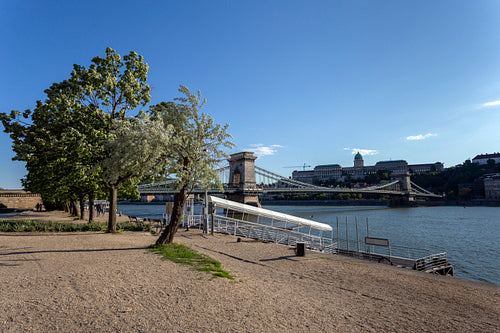 The famous Chain bridge in Budapest on a sunny afternoon.