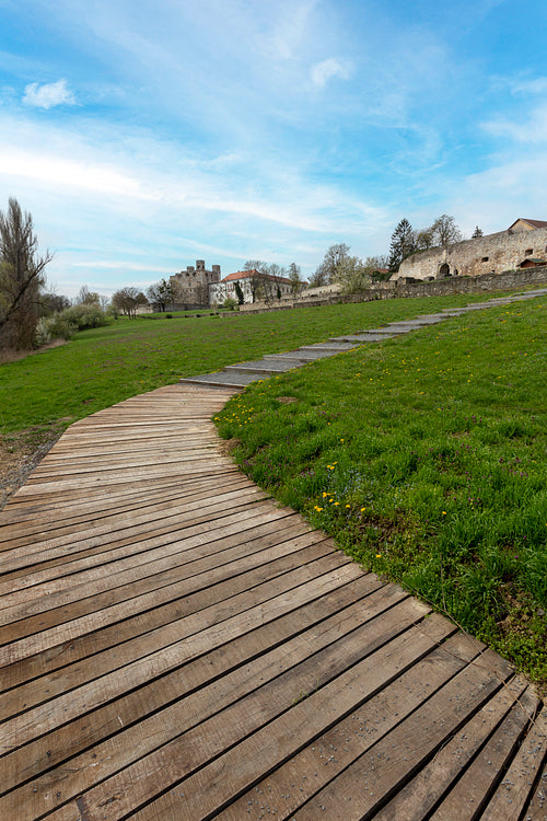 Wooden sidewalk at the Castle of Sárospatak