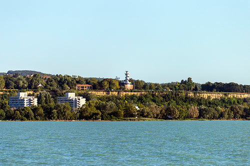 View of the Lookout tower of Balatonfoldvar from the lake Balato