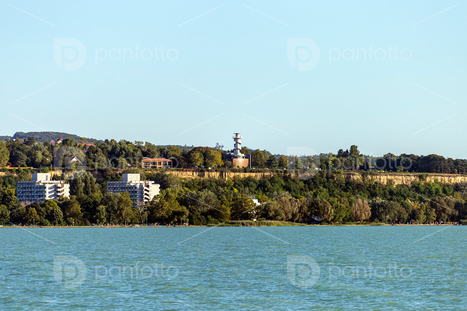View of the Lookout tower of Balatonfoldvar from the lake Balato