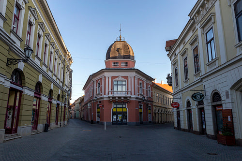 Empty street in Eger, Hungary on a spring evening.