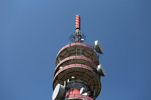 Close up shot of a telecommunication tower in Győr