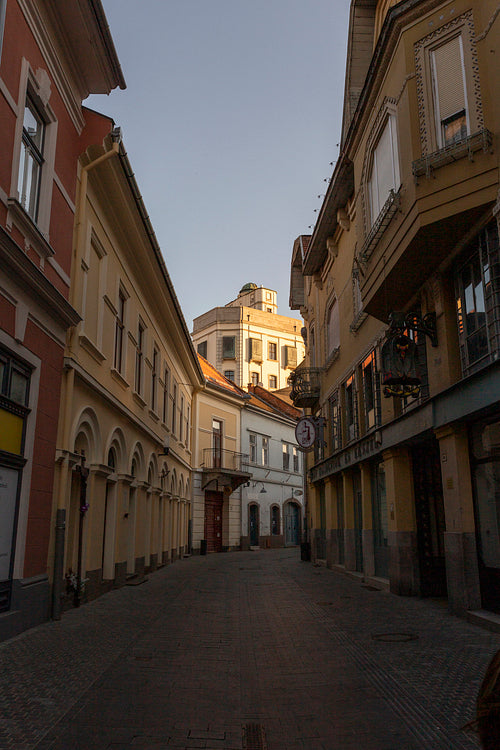Empty street in Eger, Hungary on a spring evening.