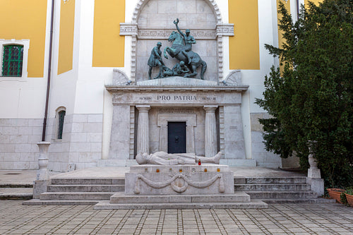 Heroes' Square in Szekesfehervar, Hungary with the statue of a l