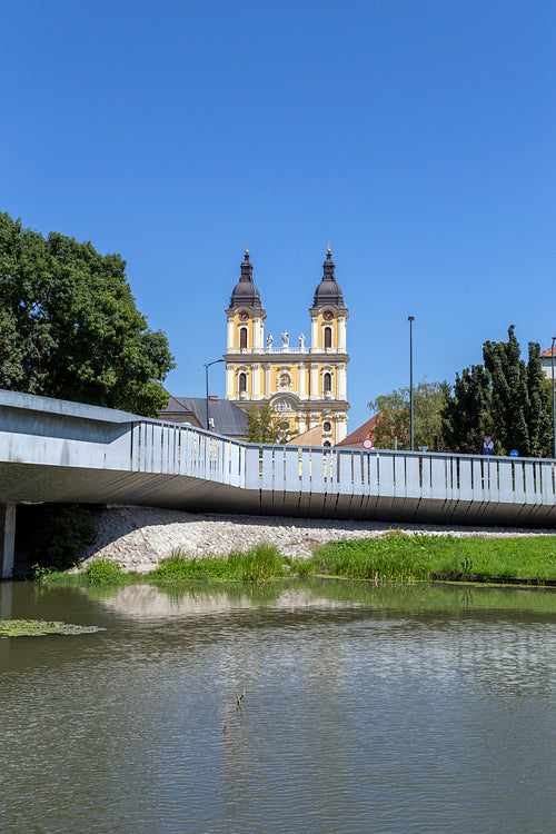 Park in Kalocsa with the St. Mary Cathedral in the background